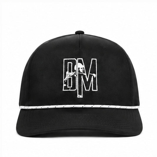 Black BM rope hat, front view with embroidered BM logo