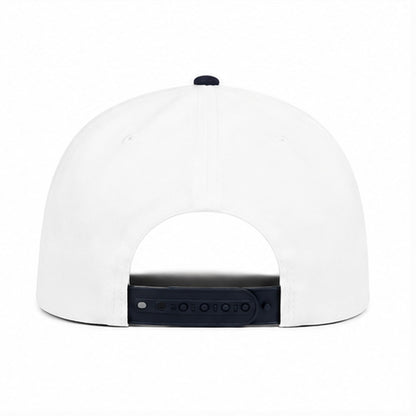 White and navy BRY hat, back view with adjustable snapback