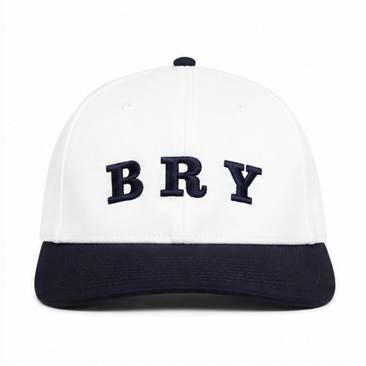 White and navy BRY hat, front view