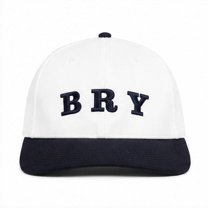 White and navy BRY hat, front view