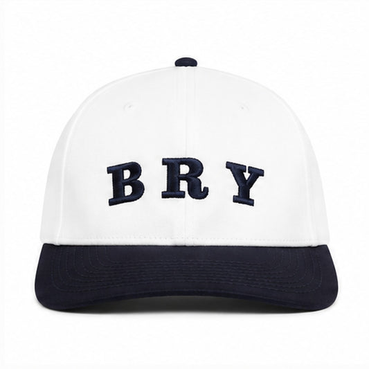 White and navy BRY hat, front view