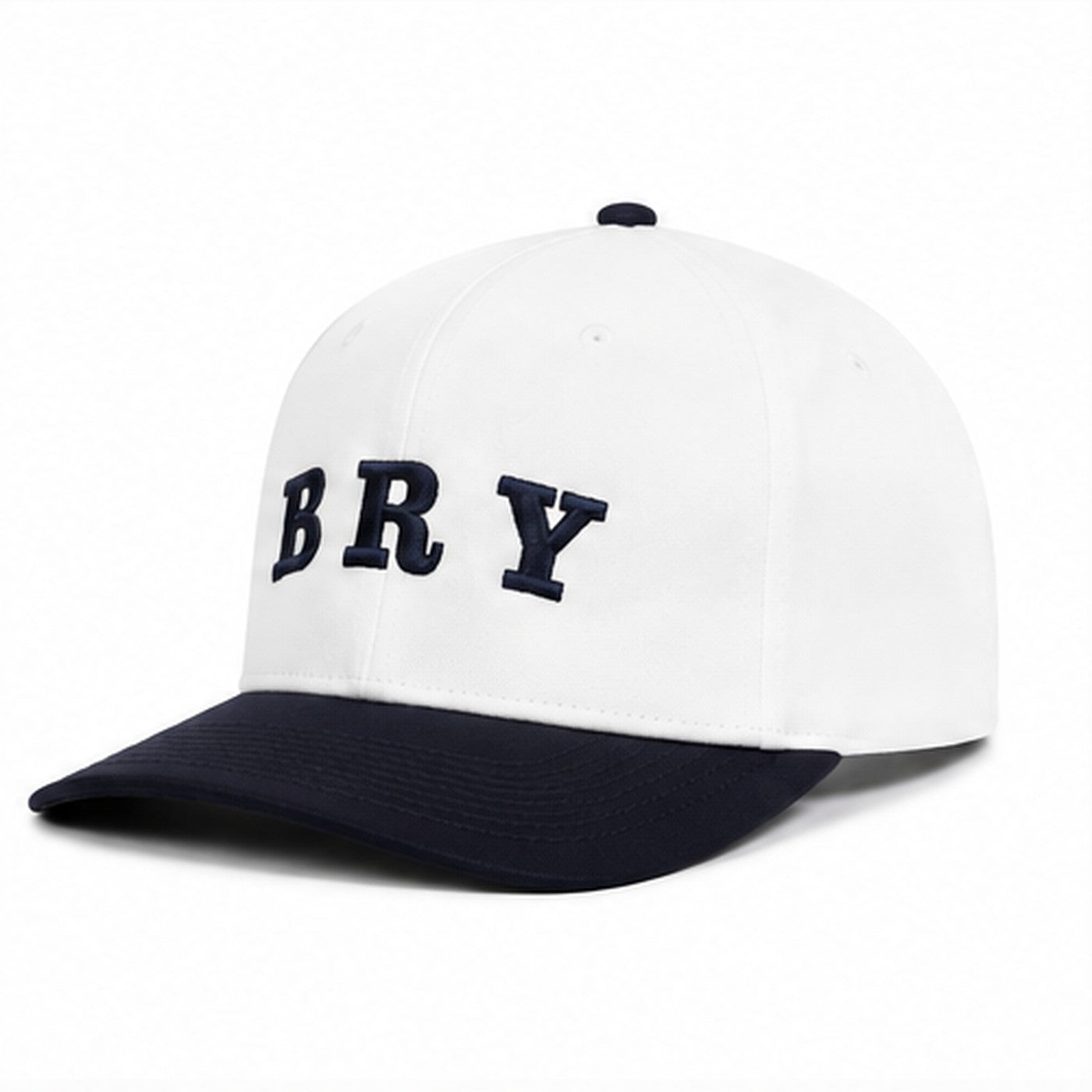 White and navy BRY hat, side view