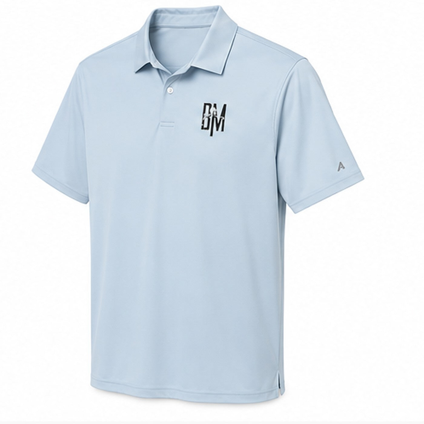 Light blue BM golf polo, angled view