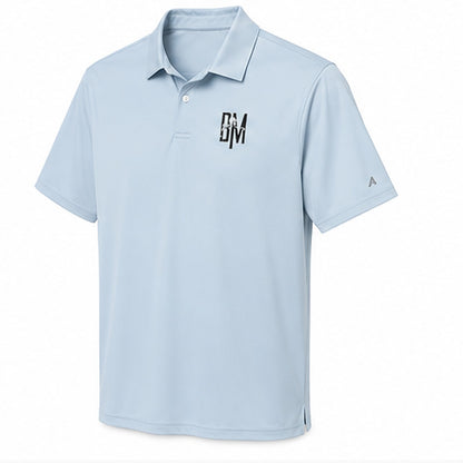 Light blue BM golf polo, angled view