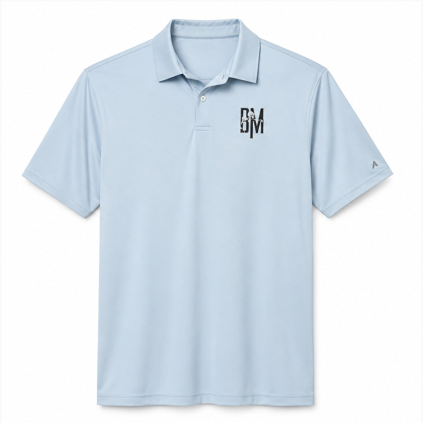 Light blue BM golf polo, front view with chest logo