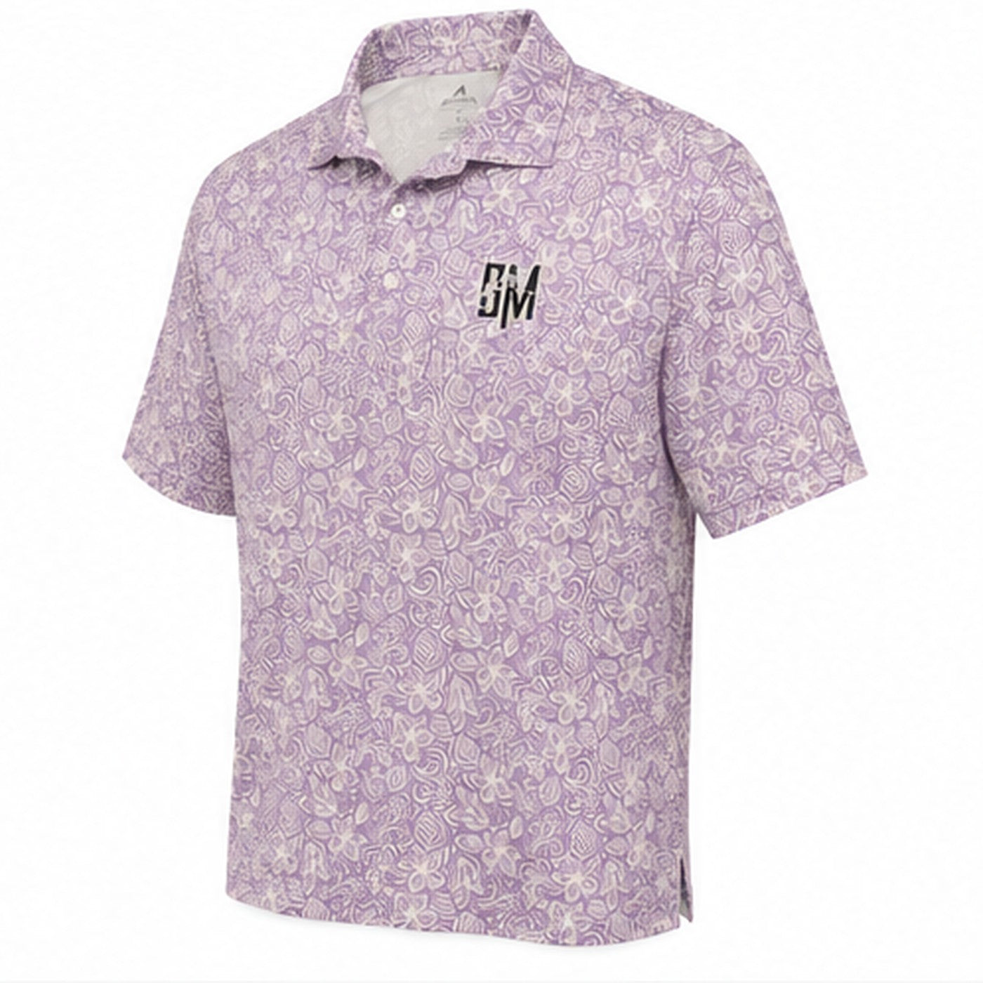 Purple floral BM golf polo, angled view