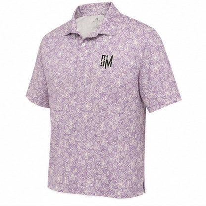 Purple floral BM golf polo, angled view