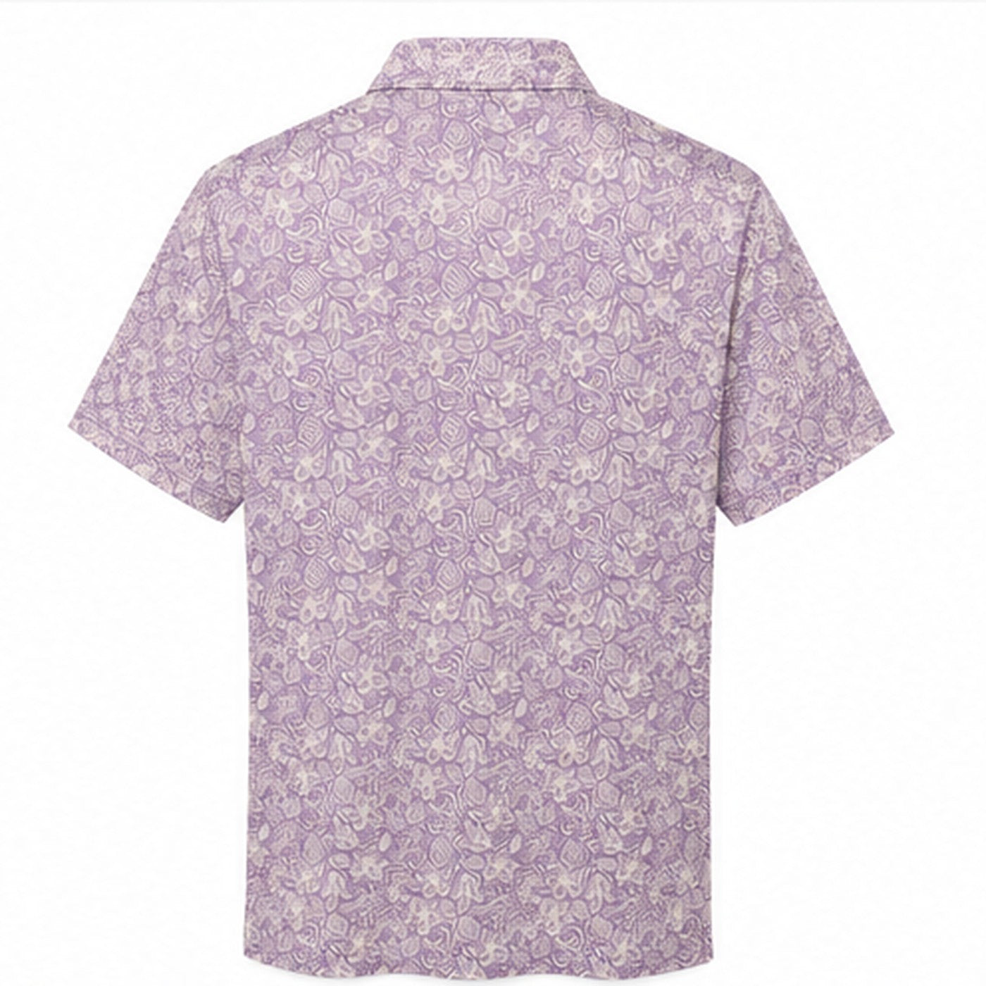 Purple floral BM golf polo, back view