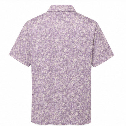 Purple floral BM golf polo, back view