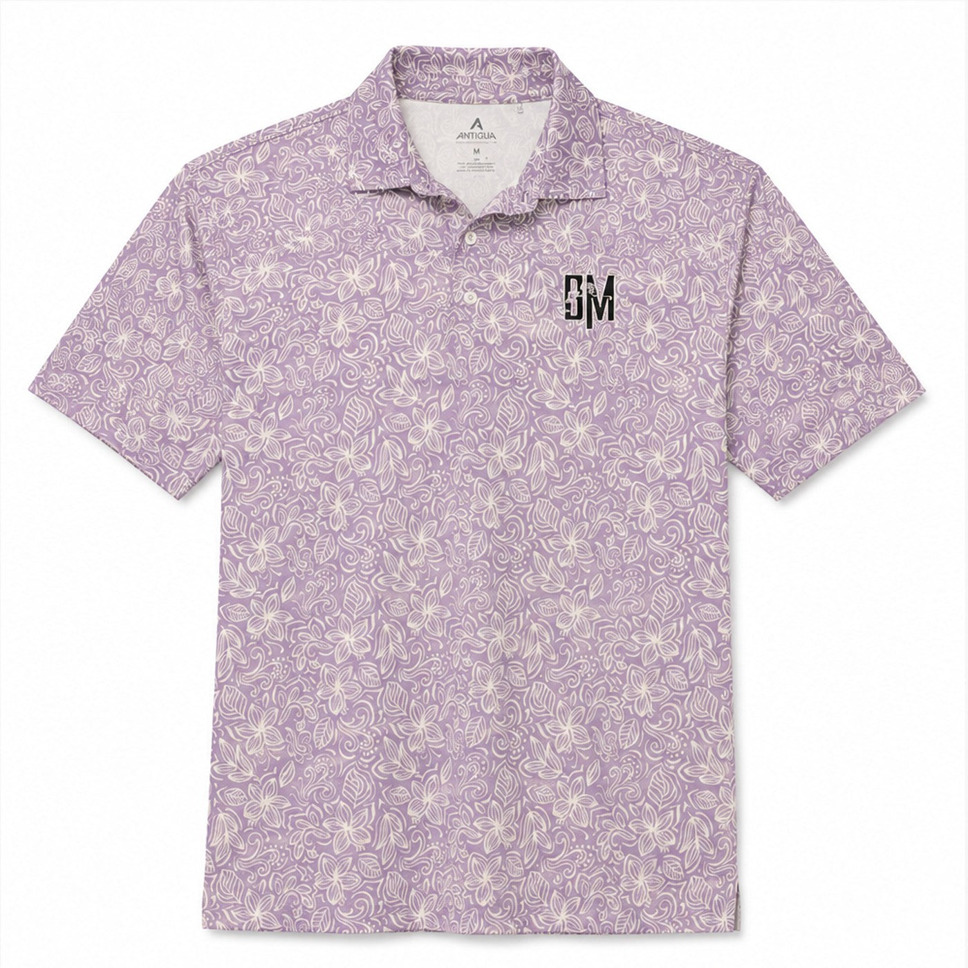 Purple floral BM golf polo, front view with chest logo