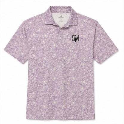 Purple floral BM golf polo, front view with chest logo