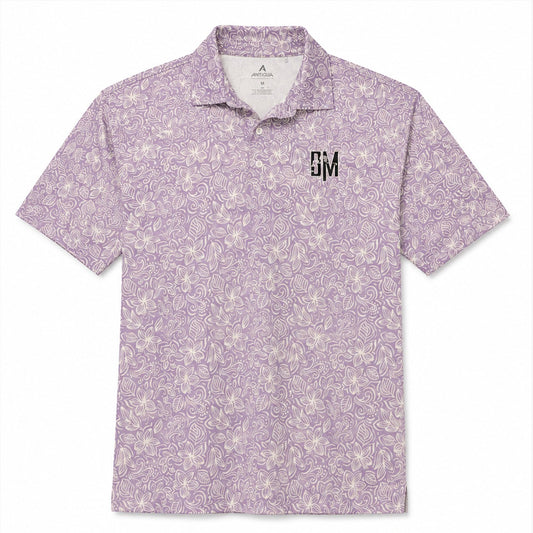Purple floral BM golf polo, front view with chest logo